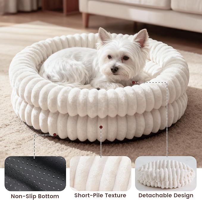 Petinstinct Cat Beds for Indoor Cats, Machine Washable Orthopedic Donut Dog Bed for Small Dogs, Fluffy Round Pet Bed with Anti-Slip Bottom for Puppy and Kitten, White, 20"x20"x6.5"