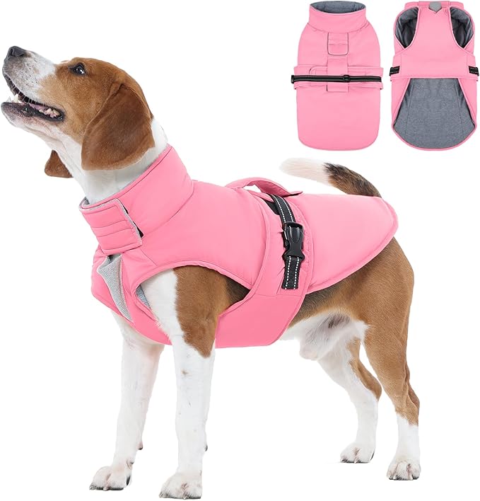 IECOii Large Dog Coat Reflective Snow Jackets Adjustable & Windproof Cold Weather Coats with Quick Snap Buckles Warm Vest for Beagle, Fleece Lined Waterproof Dog Jacket for Hiking, Orange, Size L