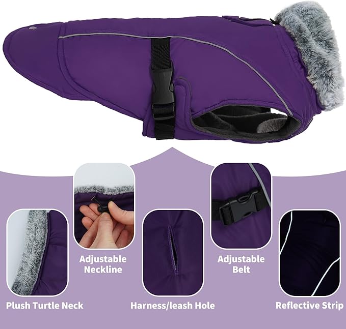 DENTRUN Winter Warm Dog Coat Reflective Jacket with Turtleneck for Cold Weather, Adjustable Buckle Windproof Water Repellent, Thick Snowsuit Fleece Vest for Small, Medium, Large Dogs, Purple, L