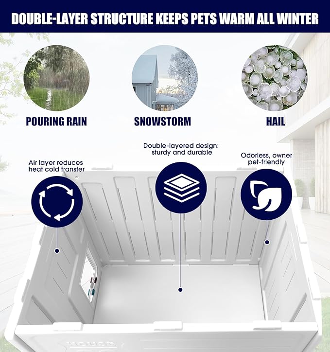 CSQOO Plastic Outdoor Cat House, 100% Weatherproof Feral Cat Shelter with Safety Escape Door, Cat House with for Barn Cat,