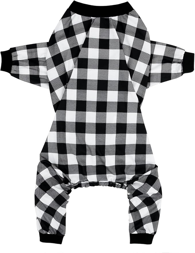 HDE Dog Pajamas One Piece Jammies Jumpsuit Pet Clothes Outfit Stretchy Lightweight Comfy Shirt Pjs for M-3XL Dogs Black & White Buffalo Plaid - 3XL