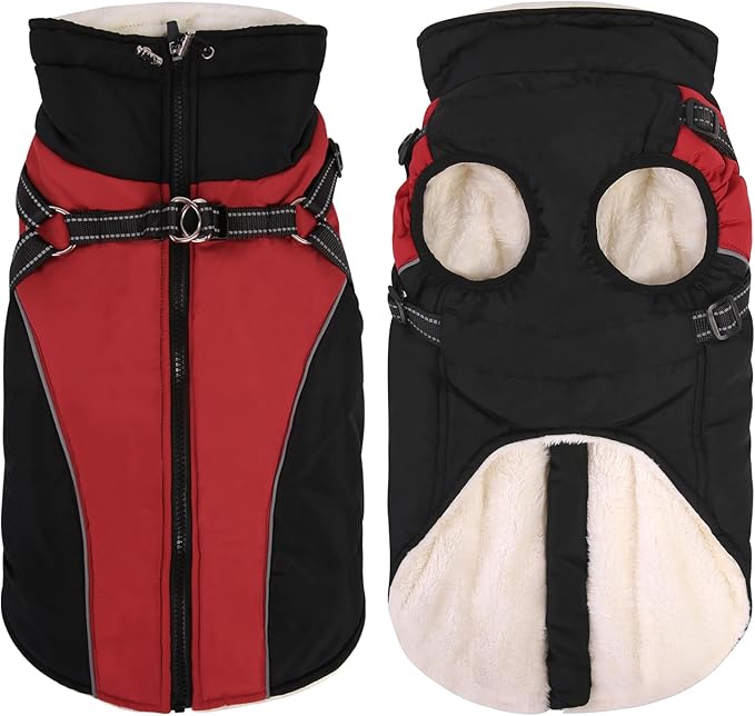 Queenmore Winter Dog Coat, Puffer Jacket with Harness Built-in for Small/Extra Small Dogs, Cold Weather Waterproof Snow Jacket - Fleece Lined, Reflective, Easy On, Adjustable, Zipper - Red/Black XS