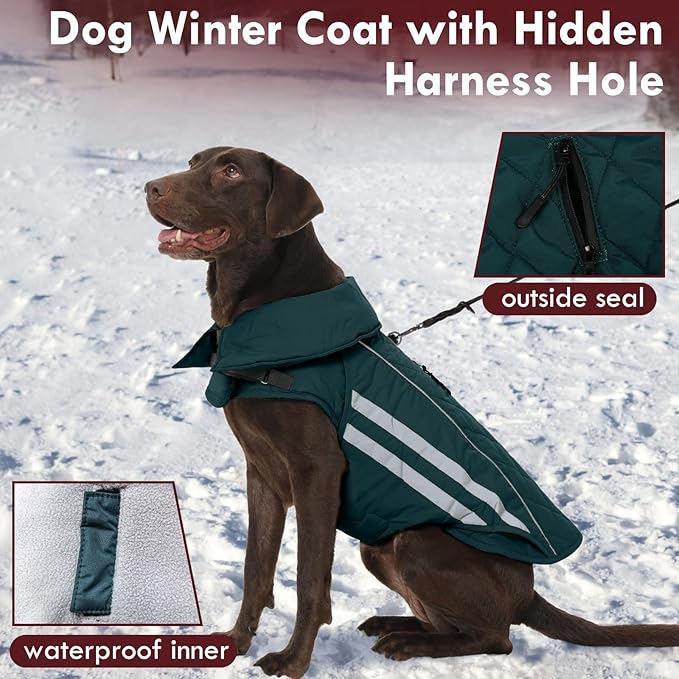 Dog Coat for Large Dogs Waterproof Winter Jacket with Harness Hole Turtleneck Hook & Loop Snowsuit Warm Fleece Dog Jacket for Cold Weather Windproof, Green XL