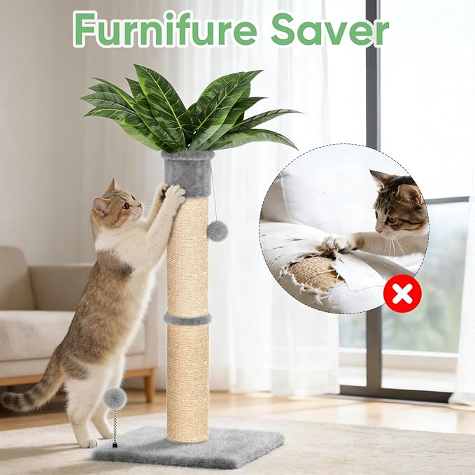 XiaZ Cat Scratching Post 34 Inches Tall, Cat Tower Scratcher Extra Wide 15.8" Stable Base with 2 Interactive Toy Balls, Premium Natural Sisal Pad for Small, Medium Large Cats (Light Gray, 4.5in)