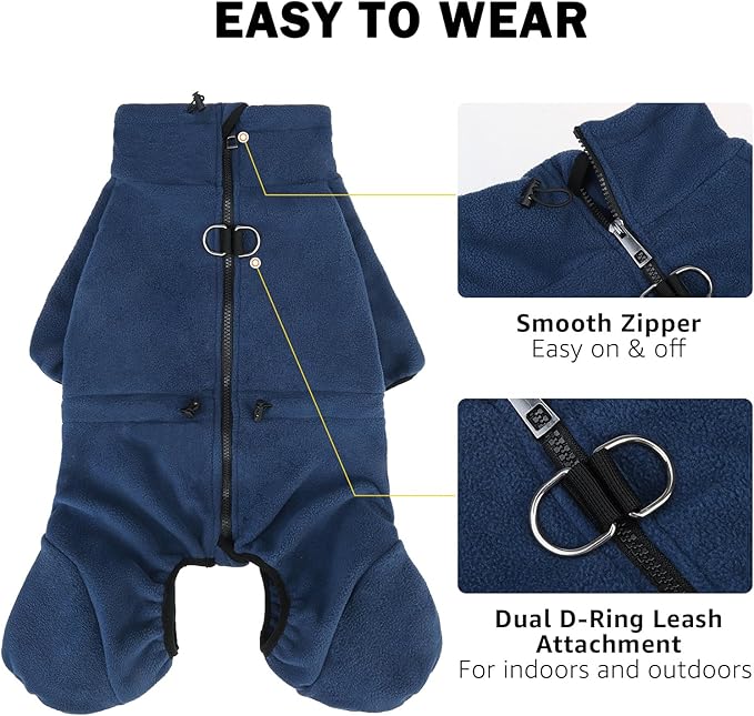 SCENEREAL Fleece Dog Winter Coat with Harness Built in, Soft Pajamas Warm Dog Sweater, Cold Weather Pet Jacket Jumpsuit Apparel Outfit for Medium Dogs Walking Hiking Sleep, Navy M