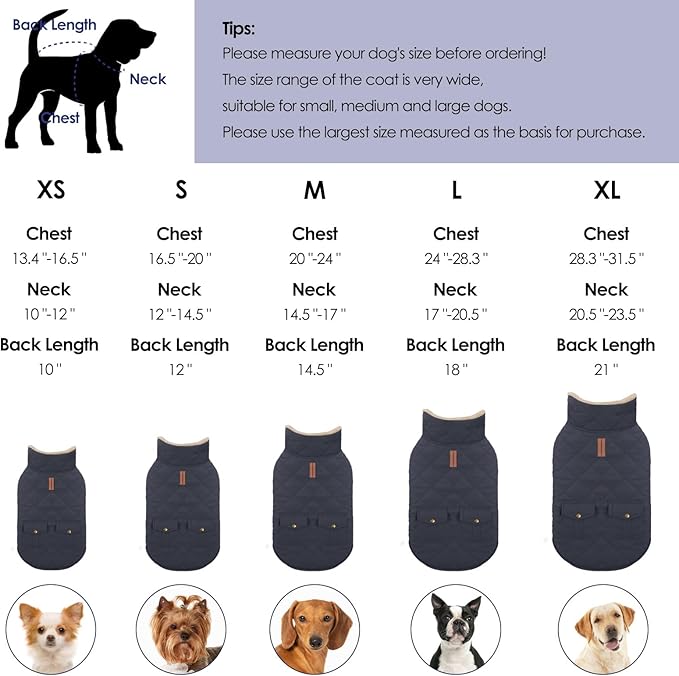 Dog Winter Coat for Small Dogs, Puppy Solid Jacket, Pet Warm Coat for Cold Weather, Windproof Pets Thickened Outfits Garments Indoor Outdoor, NavyBlue XS