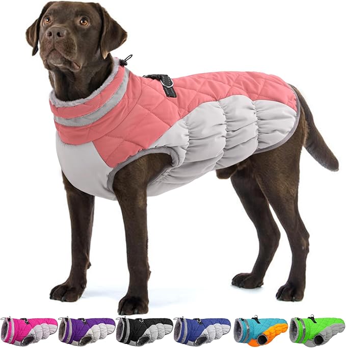 Large Dog Coat, XXLarge Dog Winter Coat, Waterproof Pet Jacket with Back Zipper,Extra Large Pet Coats, Warm Fleece Jacket with D-Ring, Windproof Winter Clothes Golden Retriever,Pink,XXL