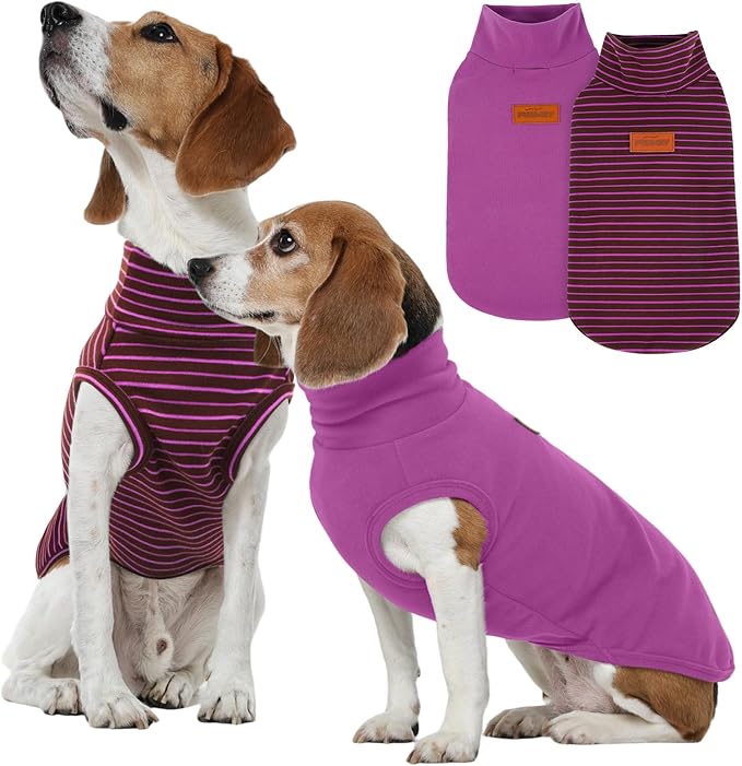 FUAMEY 2 Pack Dog Fleece Vest for Large Dogs,Shih Tzu Frenchie Stretchy Dog Sweatshirts Warm Dogs Pullover Winter Pet Sweaters with Leash Hole Puppy Turtleneck Sleeveless Purple Stripes L