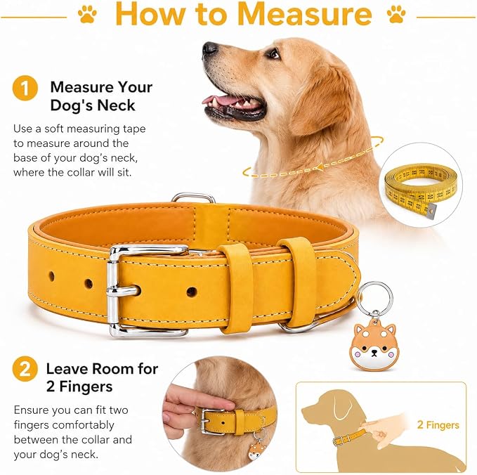 Genuine Leather Dog Collar, Soft Padded Leather Dog Collars with Airtag Holder Case for Small Medium Large X-Large Dogs,Comfort Heavy Duty Pet Collar with Durable Metal Buckle & D-Ring-Light Yellow/M
