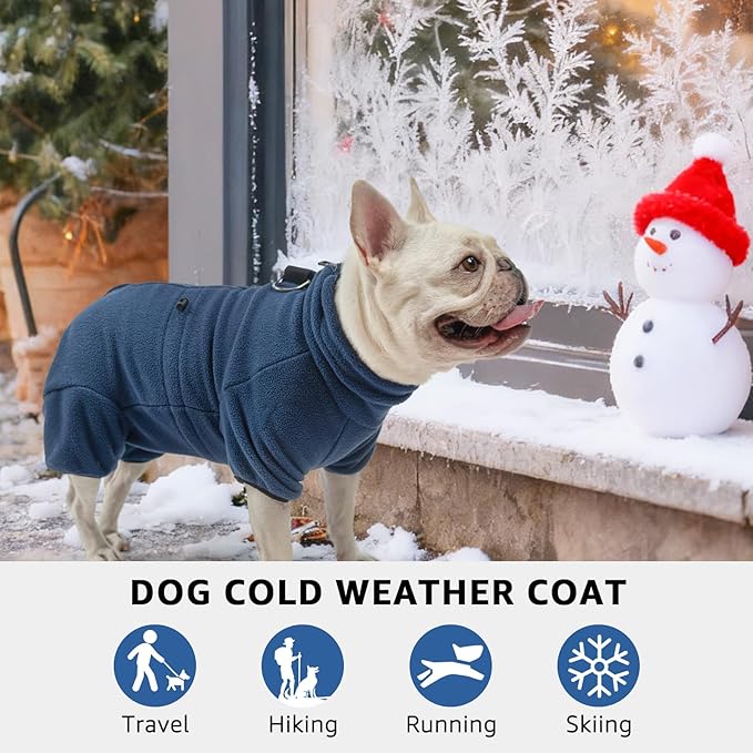 SCENEREAL Fleece Dog Winter Coat with Harness Built in, Soft Pajamas Warm Dog Sweater, Cold Weather Pet Jacket Jumpsuit Apparel Outfit for Small Medium Dogs Walking Hiking Sleep, Navy SM