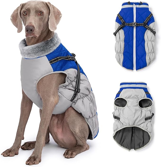 Dog Winter Coat with Harness, Dog Jacket, Pet Clothes with Zipper on Back, Waterproof Windproof Warm Vest, Reflective Cold Weather Coats, for Small Medium Large Dogs, Thick, Blue, S