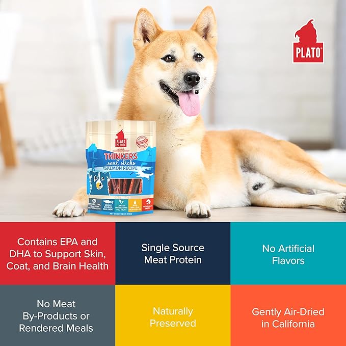PLATO Pet Treats Thinkers - Meat Stick Treats for Dogs - Limited Ingredient with EPA and DHA to Support Skin, Coat, and Brain - Air-Dried - Thinkers Salmon 10oz - 2 Pack
