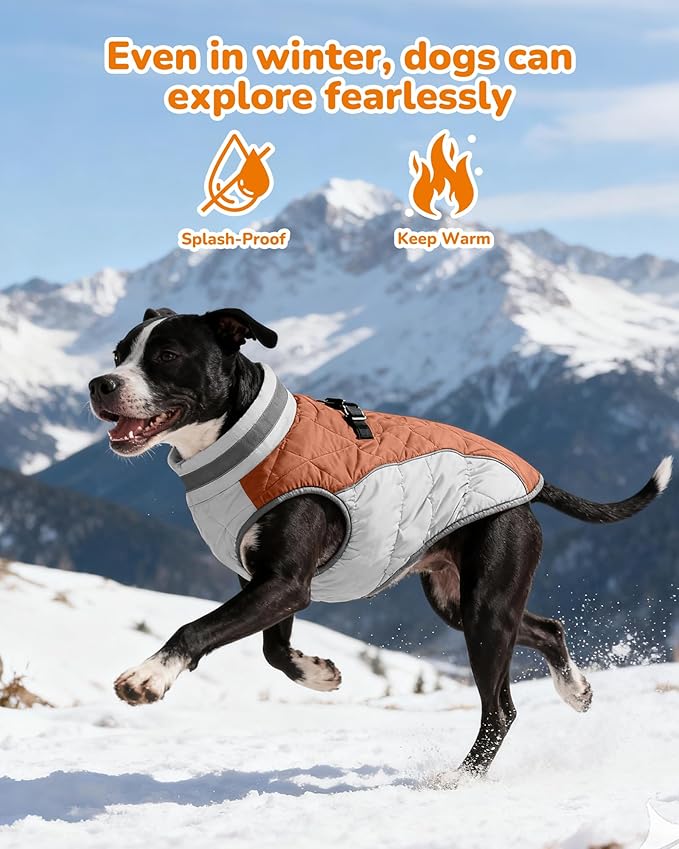 Dog Coat for Medium Dogs, Adjustable Dog Jackets for Cold Weather, Reflective Winter Coat with Built-in Harness, Snowsuit Fits Dogs 14-25 lbs and Up, Size M Brown