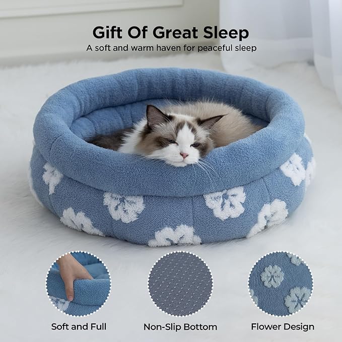 BALANCE Cat Beds for Indoor Cats, Washable Round Cat Bed, Cute 3D Flower Kitten Bed with Anti-Slip Bottom for Puppy and Kitten, 20 Inches, Blue