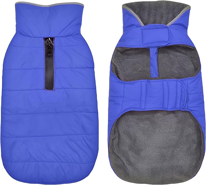 Dog Winter Coat, Waterproof Dog Jacket with Leash Hole, Reflective Adjustable Pet Snow Vest, Warm Fleece Sweater for Small Medium Large Dogs - Blue, 3XL