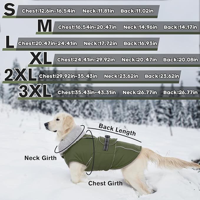 Lelepet Warm Dog Coat Waterproof Dog Jacket for Extra Large Dogs Reflective Fleece Vest with Adjustable Buckle Hook & Loop Windproof Cold Weather Coats for Small Medium Large Dogs, Army Green, XXXL
