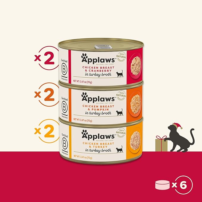Applaws Natural Wet Canned Cat Food, Limited and Natural Ingredients, High Protein with No Artificial Additives, Holiday Edition Cat Food Variety Pack in Broth (6 x 2.47oz Cans)