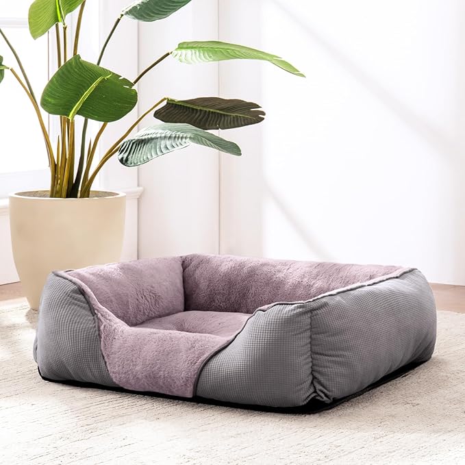MIXJOY Dog Beds for Medium Dogs Washable, Calming Pet Bed Medium Size Dog, Soft Rectangle Pet Beds Sofa Cuddler, Orthopedic Sleeping Rabbit-Velvet Cozy Puppy Bed with Anti-Slip Bottom (30x24in, Grey)