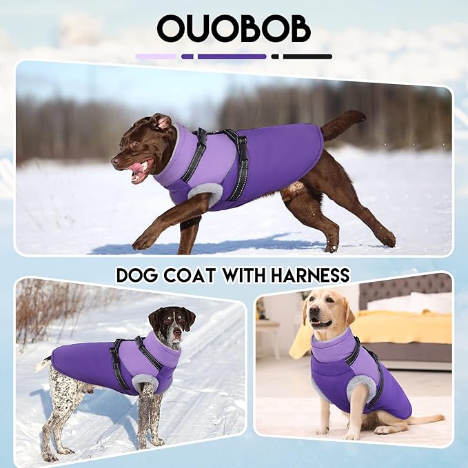 Dog Coat with Harness Built, Dog Winter Jacket with Zipper Closure, Warm Pet Fleece Puffer Coat with Reflective Strips & Furry Collar, Waterproof Snowsuit for Medium Large Dogs - Purple M