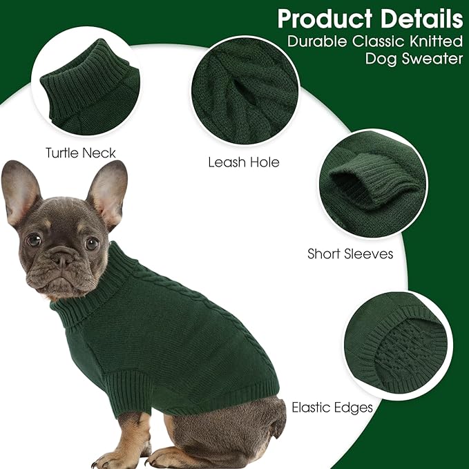 Dog Sweaters for Medium Dogs Classic Turtleneck Dog Christmas Sweater Thick Warm Pullover Male Puppy Pet Stretch Knitwear Fall Winter Clothes with Leash Hole(Green, M)