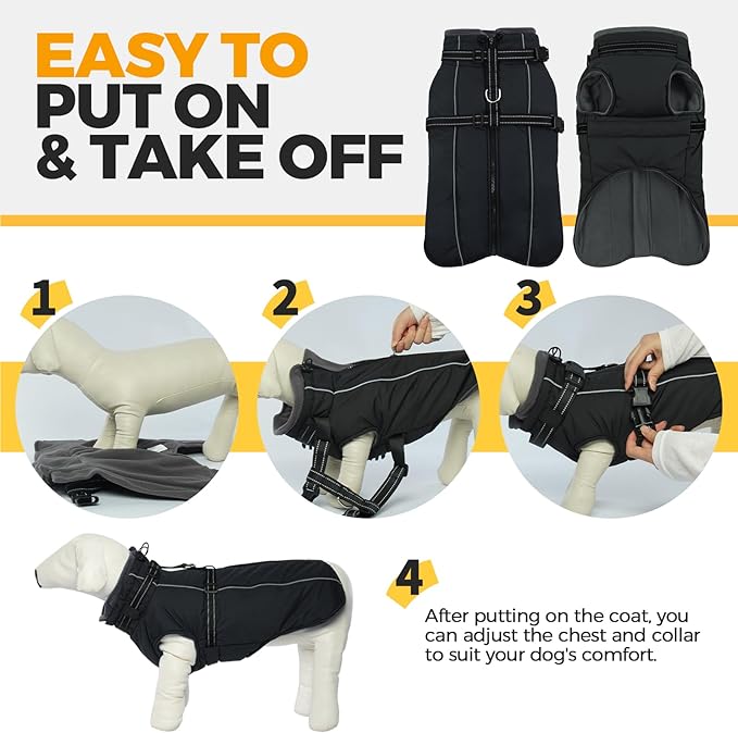 Lelepet Waterproof Dog Jacket with Harness Built in Warm Dog Winter Coat, Reflective Jacket Fleece Jacket, Dogs Coats for Small Dogs, Cozy Thermal Pet Snowsuit for Cold Weather, Shih Tzu, Black, S