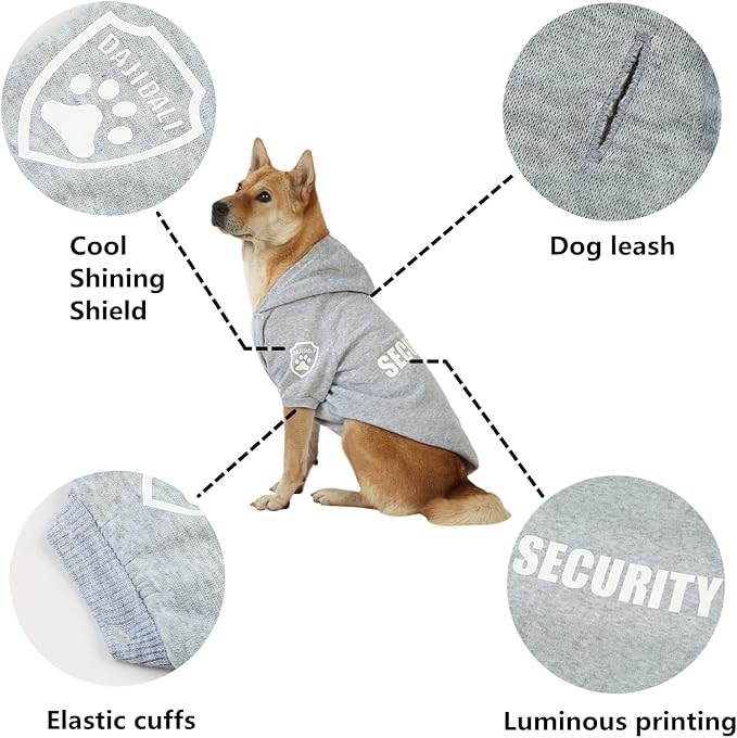Dog Security Hoodie with Glow-in-The-Dark Prints DAJIDALI Dog Clothes Apparel Winter Sweatshirt Warm Sweater Jacket Coat Hoodie for Small Medium Large Dog Cat