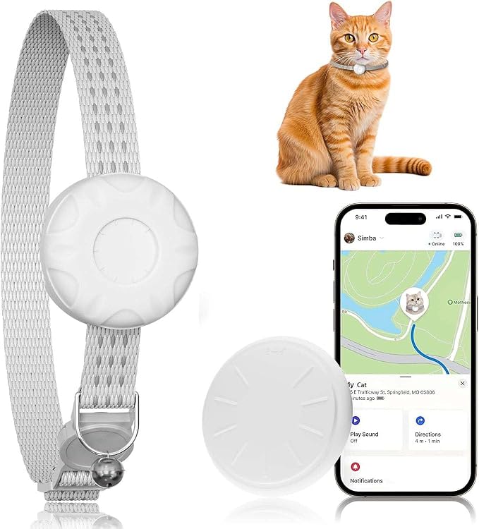 Cat Tracker with Cat Tracker Collar, Mini GPS Tracker, Pet Trackers, No Subscription, Anti-Lost Trackers, Finder Tag for Vehicles, Pets, Kids, White