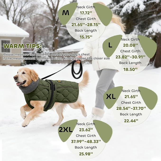 Dog Winter Jacket, Adjustable Water-Resistant Dog Warm Coat with Fleece Lining, Windproof Cold Weather Coats for Winter, Reflective Snow Jacket for Labrador Golden Retriever, NewGreen XL