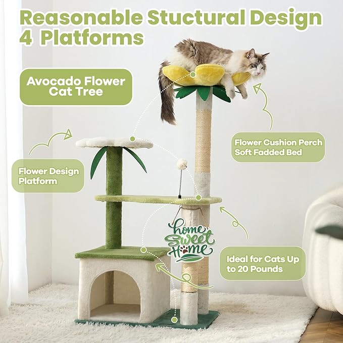 HYABi 47.5-Inch Avocado Cat Tree Tower - Cute Garden Cat Condo with Multi-Level Activity Platform, Scratching Posts & Plush Ball, Perfect for Indoor Kittens