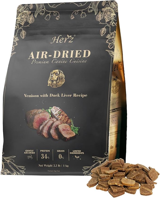 Herz Air-Dried Dog Food Venison & Duck Liver Recipe 2.2 lb, All-Natural, High-Protein, Grain-Free, Limited Ingredients, Complete & Balanced, Premium Canine Cuisine