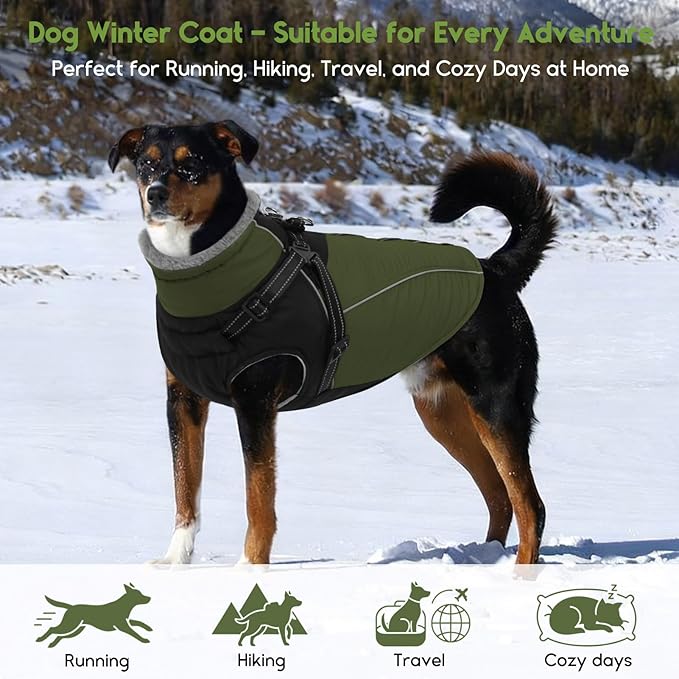 ASENKU Reflective Dog Coat with Built-in Harness, Windproof Fleece-Lined Dog Jacket for Small, Medium, Large Dogs, Warm Winter Vest with Turtleneck & Zipper (Green XS)