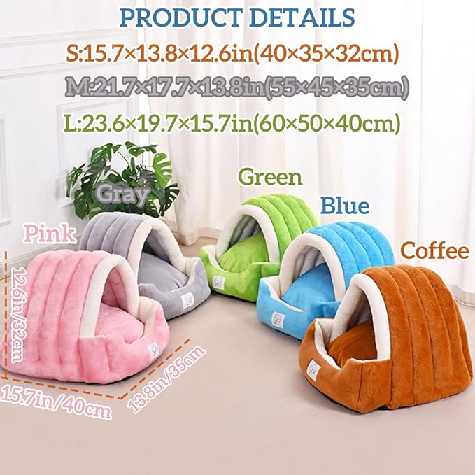 Cat Cave Bed for Indoor Cats-Semi-Enclosed Soft Winter Warm Bed,Cat Tent Nest with Removable Cushion and Anti-Slip Bottom,Slipper Dog Bed Cuddler House Easy Wash (Green, L:23.6×19.7×15.7in)