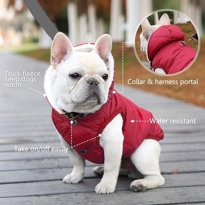 Fleece Hoodie, Windproof Waterproof Coat, Winter Warm Jacket for Dogs - Cold Weather Pet Apparel Clothes Vest for Small Medium Large (2XL, Red)
