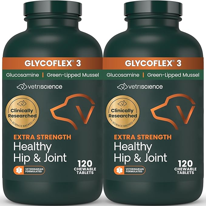 VetriScience Glycoflex 3 Clinically Proven Hip and Joint Supplement for Dogs - Maximum Strength Dog Supplement with Glucosamine, MSM, Green Lipped Mussel & DMG - 2 Pack (120 Chewable Tablets Each)