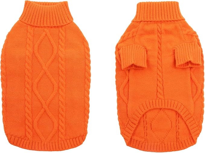 Queenmore Small Dog Pullover Sweater, Cold Weather Cable Knitwear, Classic Turtleneck Thick Warm Clothes for Chihuahua, Bulldog, Dachshund, Pug (Orange, Large)