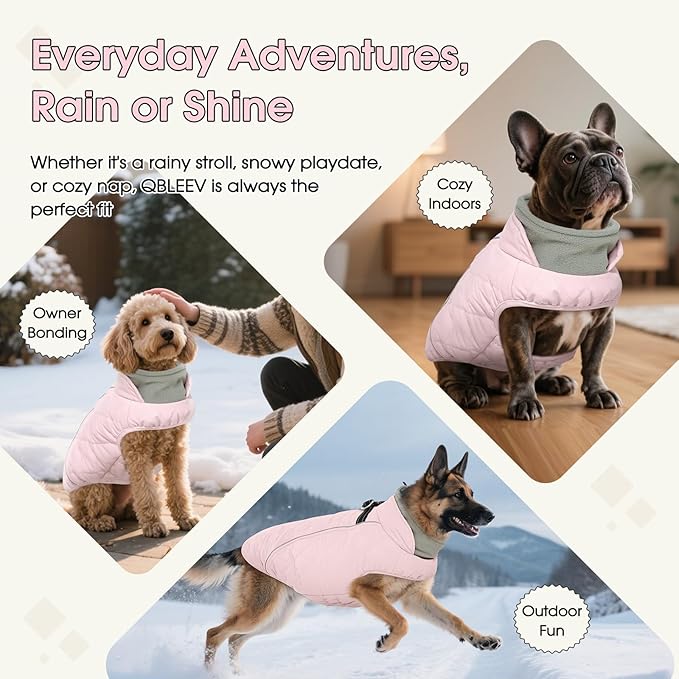 QBLEEV Dog Coat for Large Dogs, Winter Warm Fleece Vest, Waterproof & Windproof with Adjustable Fit, Built-in Harness, Reflective Trim & Zip-Up for Safe Cozy Walks — Pink, XL, for Pitbull, Boxer