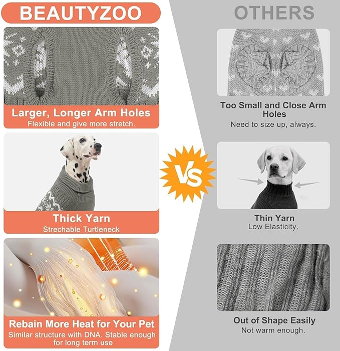 BEAUTYZOO Dog Christmas Sweater for Large Dogs Boy Girl,Thick Warm Winter Turtleneck Pullover Cable Knit Big Dog Sweaters Pitbull Labrador Golden Retriever Clothes Male Female Pet Jacket, Grey L