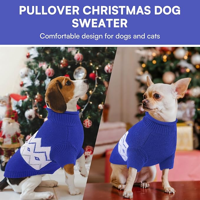 Queenmore Warm Dog Sweater, Soft Pet Knitwear, Knitted Pullover, Winter Pet Clothes for Small Medium Dogs Cats Blue