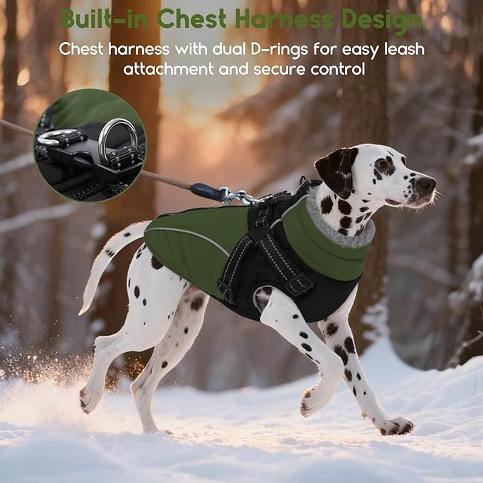ASENKU Reflective Dog Coat with Built-in Harness, Windproof Fleece-Lined Dog Jacket for Small, Medium, Large Dogs, Warm Winter Vest with Turtleneck & Zipper (Green XS)