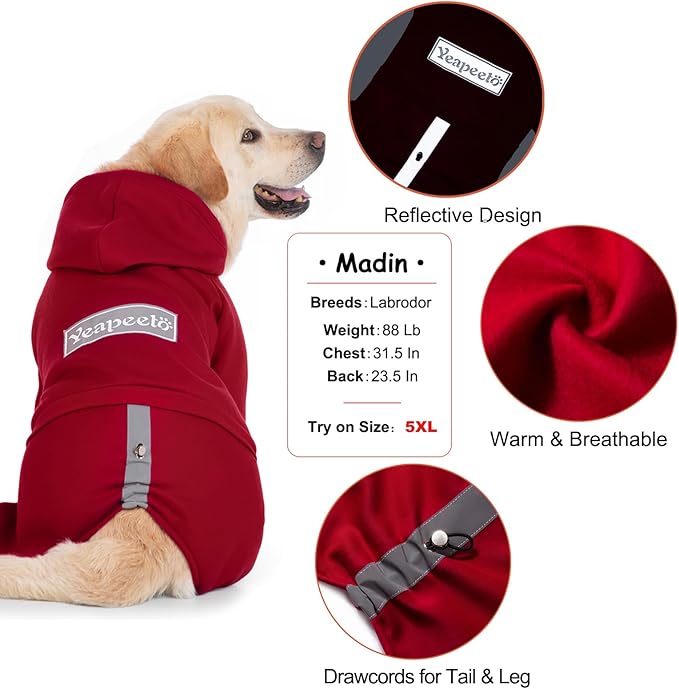 Dog Hoodies Winter Coat for Large Medium Dogs, Pullover 10 Legs Warm Coat Hooded Sweatshirt, Fleece Hoodie for Cold Weather (Red, 3X-Large)