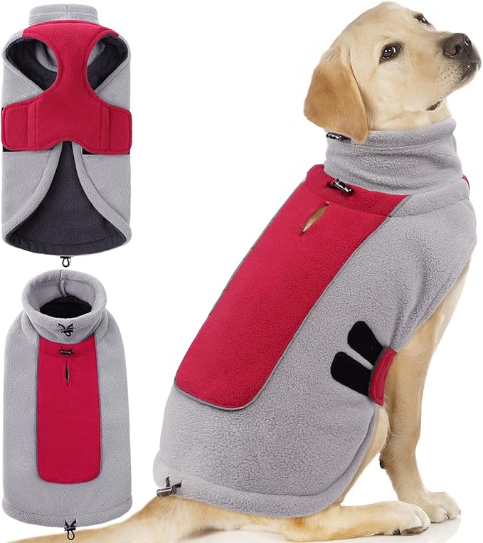 Queenmore Fleece Dog Sweater Dog Christmas Sweater Cold Weather Vest Jacket Sweatshirts Pullover for Large Dogs Warm Christmas Big Dogs Sweaters Golden Retriever, Labrador, Rottweiler, Red 2XL