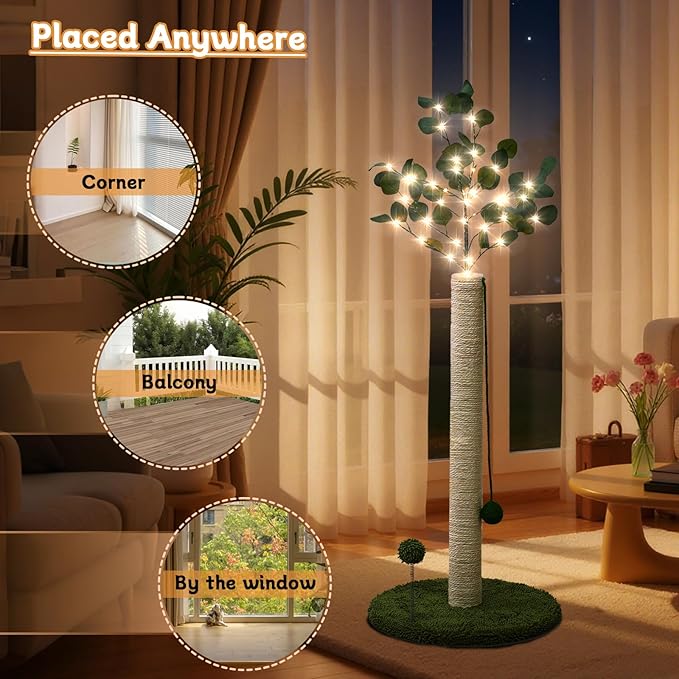YYXISM Cat Scratching Post with Lights & Hanging Ball Toys Tall Sisal Rope Scratcher Tree Climbing Scratch Tower for Indoor Cats Adult Kitten