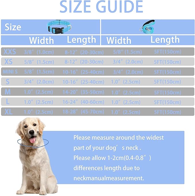 Reflective Dog Collar with Safety Locking Buckle, Adjustable Soft Breathable Nylon Collars for Small, Medium and Large Dogs(Collar+Leash S Width 3/4" Sky Blue)