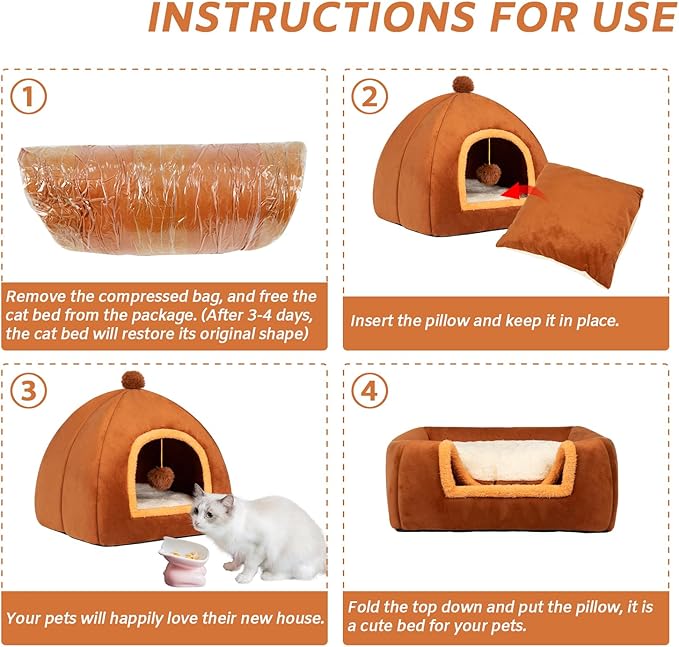 RUONARIER Cat Bed Cave for Indoor Cats,Cat House Tent Bed with Removable Washable Cushioned Pillow, 2-in-2 Kitten Beds for Indoor Kittens,Pet Bed