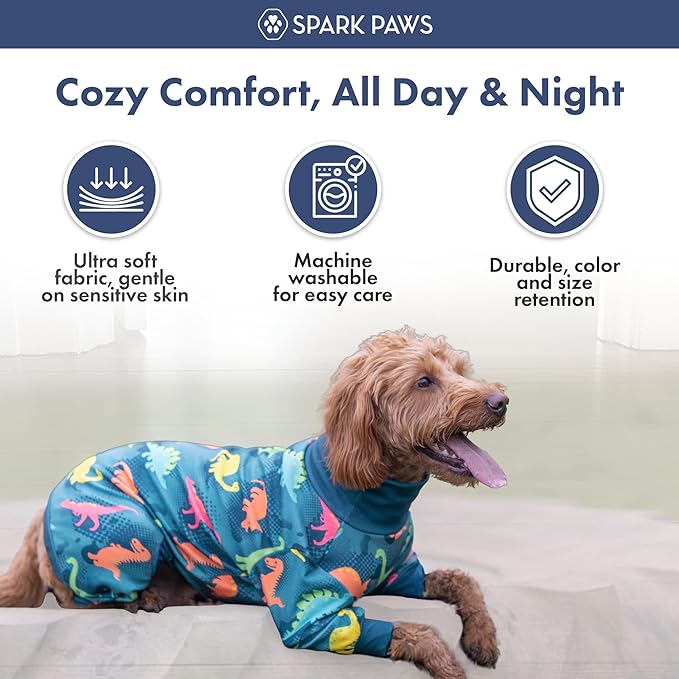 Spark Paws Dog Pajama, Dog Recovery Suit Male, Onesie, Ultra-Soft and 4-Way Stretch, for Small Medium and Large Breeds - Dinosaurs - L