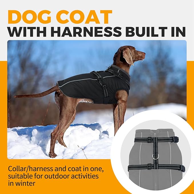 Lelepet Dog Coat for Large Dogs Waterproof Dog Jacket with Harness Built in Reflective Fleece Jacket with Zip Cold Weather Coats for Dogs Outdoor, Cozy Thermal Pet Snowsuit, Weimaraner, Black, XXL