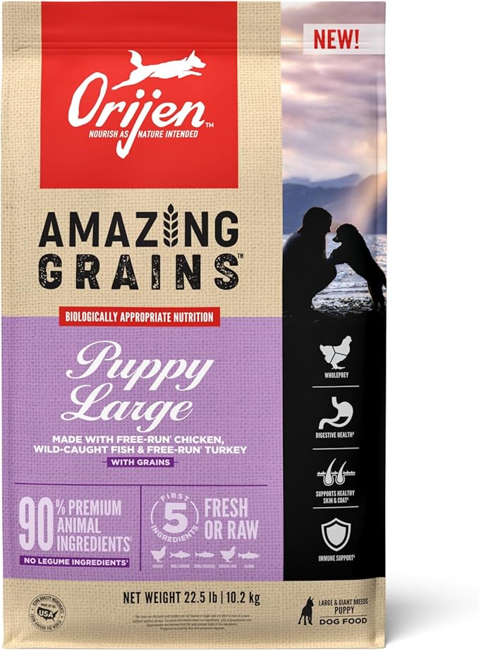 ORIJEN Amazing Grains High Protein Dry Dog Food Puppy Large Breed Recipe 22.5lb Bag