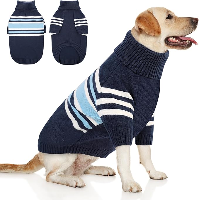 Queenmore Dog Striped Knitted Sweater, Turtleneck Pullover Pet Coat, Dog Winter Clothes with Leash Hole for Small Medium &Large Dogs(Navy Blue,2XL)