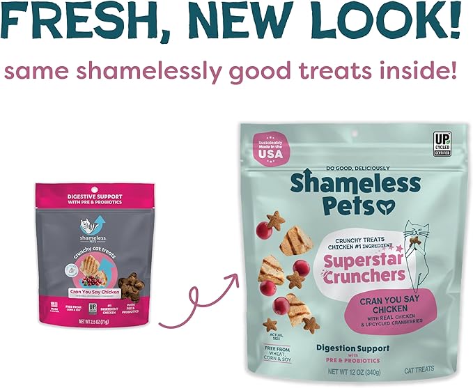 Shameless Pets Crunchy Cat Treats - Kitty Treats for Cats with Digestive Support, Natural Kitten Treats with Real Chicken, Healthy Flavored Feline Snacks - Cran You Say Chicken, 12 oz