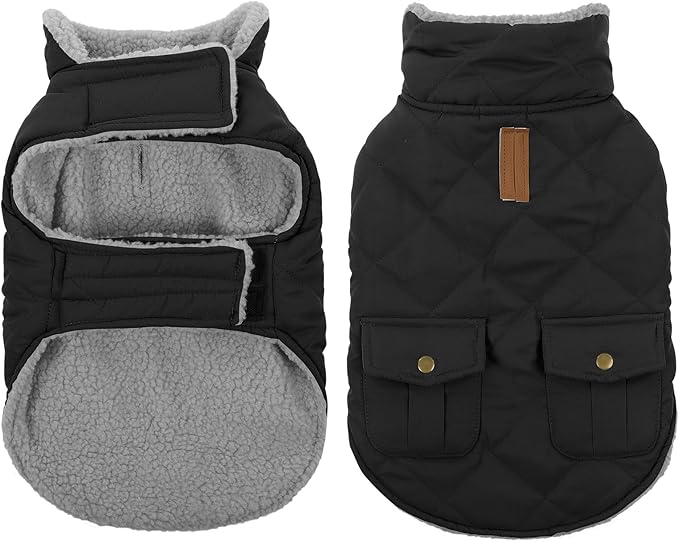 Queenmore Dog Winter Coat Warm Puffer Jacket Waterproof Plush Lining Thermal Cold Weather Vest for Small Medium Large Dogs, Windproof Easy On Pet Jacket Black S